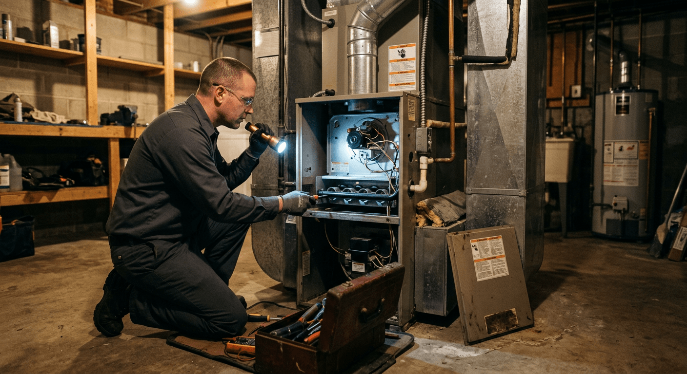 Technician servicing a home furnace