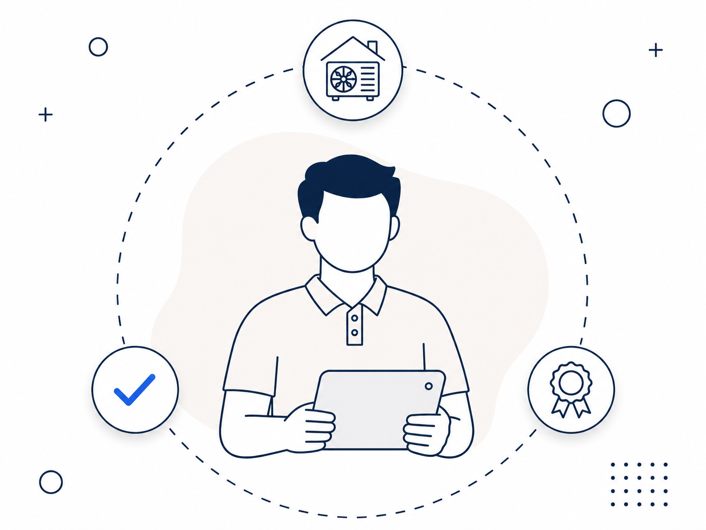 Illustration of a homeowner reviewing a heat pump plan on a tablet, with icons for the outdoor unit, approval, and certification