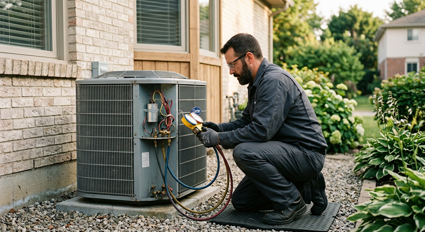 Technician servicing an outdoor AC condenser unit