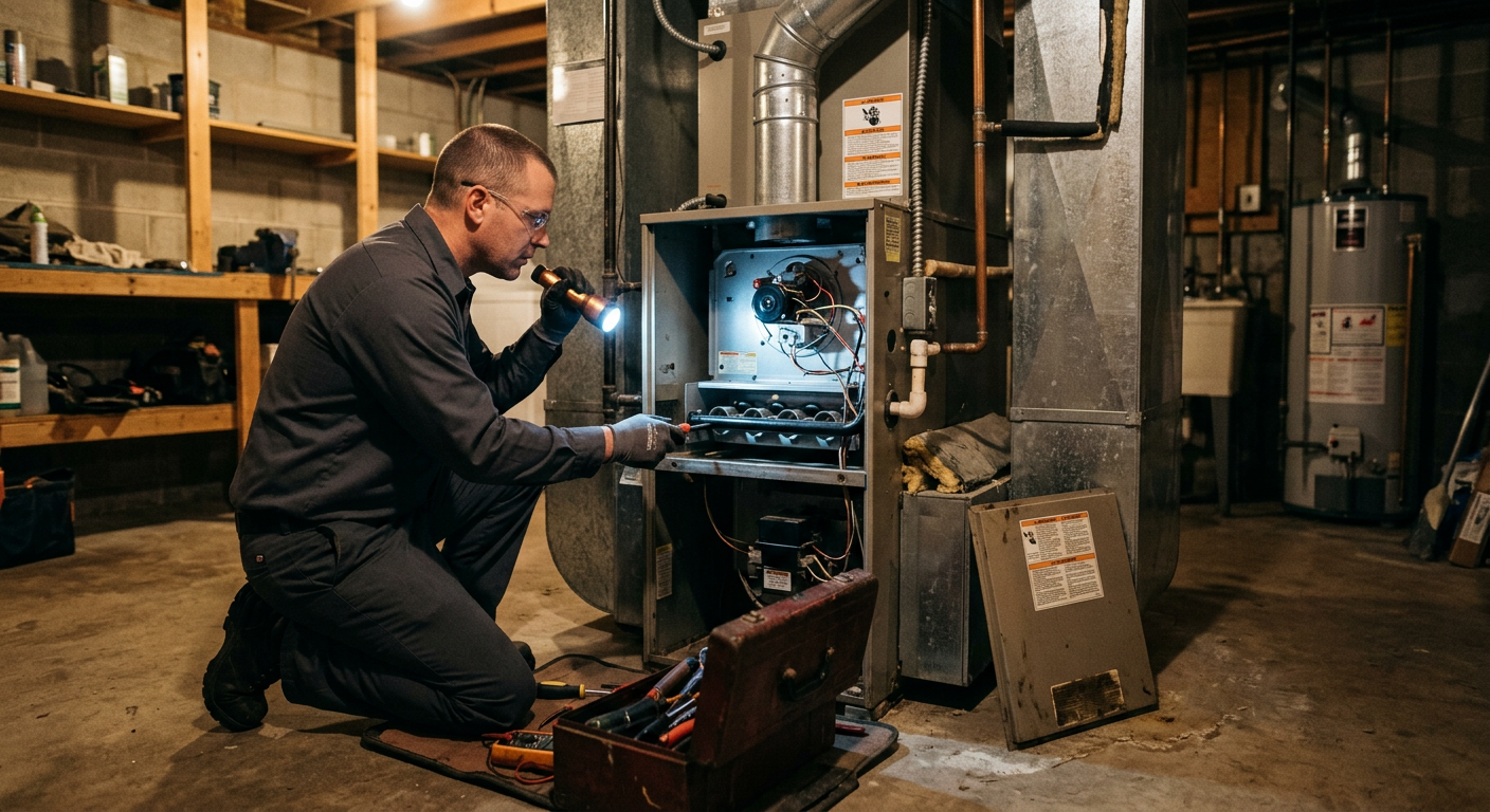 Technician servicing a home furnace