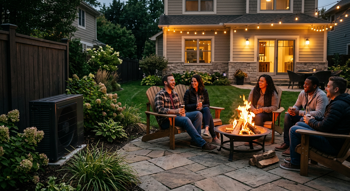 Daikin heat pump outdoor unit beside a home patio where friends gather around a fire pit