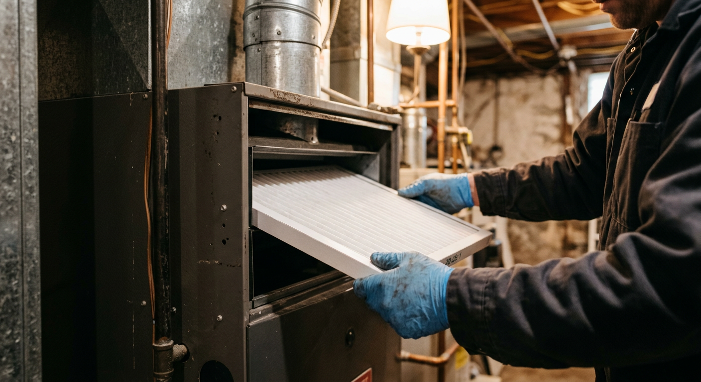 Technician replacing an air filter during a tune-up